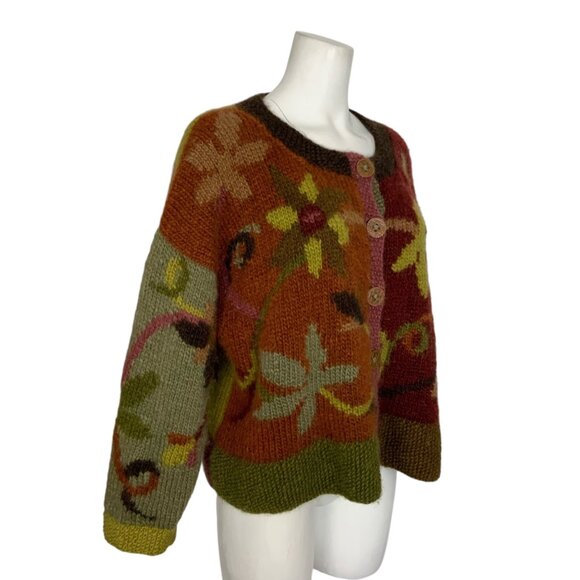 Tara Handknits Handspun Wool Cardigan Sweater L Floral Chunky Button Up Hippie - Picture 4 of 13